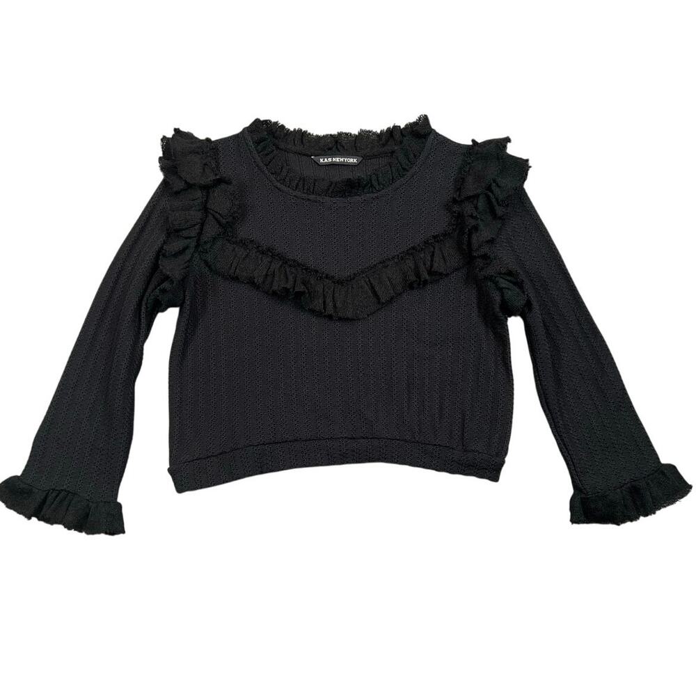 KAS New York Black Ruffle Knit Top Goth Dark Academia Long Sleeve Cropped - S